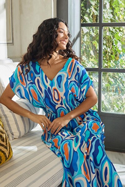 GİZZEY Rochie lungă albastră cu mânecă scurtă pentru femei C2T5N0O12