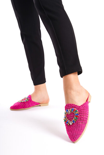 Moda Değirmeni Φούξια γυναικείες δαντέλες πολύχρωμες πέτρινες παντόφλες BG1163-122-0002