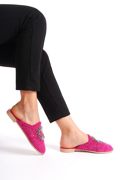 BAKGİY Fuchsia Women's Lace Colored Stone Slippers BG1163-122-0002