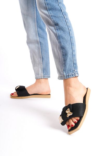 Moda Değirmeni Μαύρες γυναικείες παντόφλες κορδέλα Bg1166-122-0004