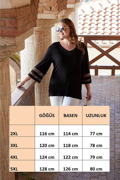 FOR ESRA BIG TREND Women's Plus Size Tulle Low-cut Jewelled V-neck Flexible Viscose Blouse