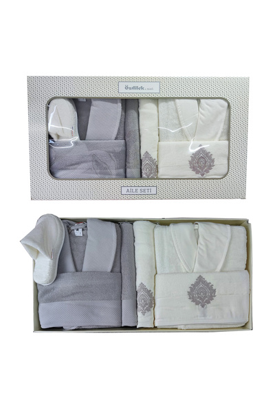 Özdilek Majestic Сімейний комплект халатів 10 предметів Сірий кремовий - з блискітками та тапочками в подарунок