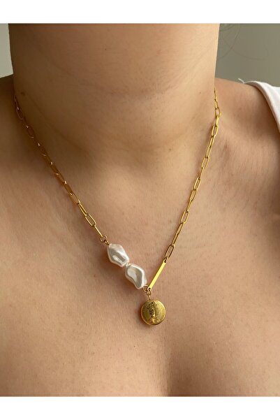 Owentis قلادة ليزابيث بتفاصيل ميدالية من اللؤلؤ الذهبي الصلب - لا تشويه -