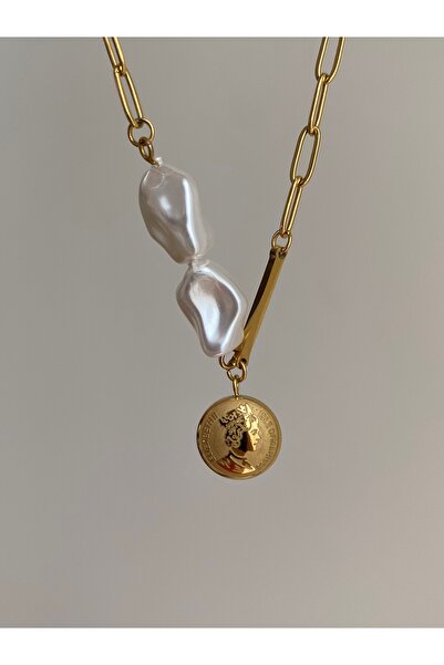 Owentis قلادة ليزابيث بتفاصيل ميدالية من اللؤلؤ الذهبي الصلب - لا تشويه -