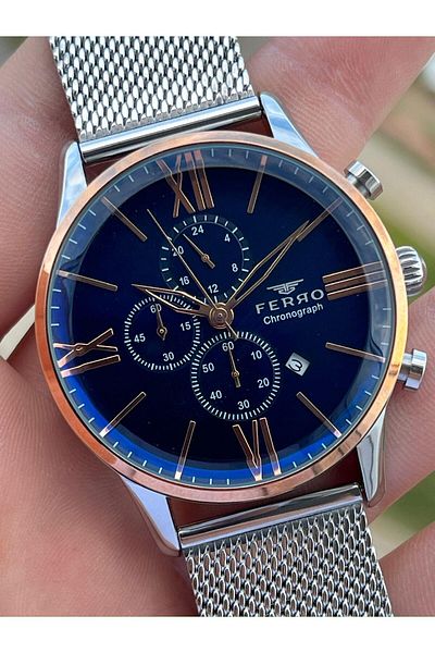 FERRO Silver Color Straw Cord Inner Functions Active 30 Mt Waterproof Men's Wristwatch EF3536-A34