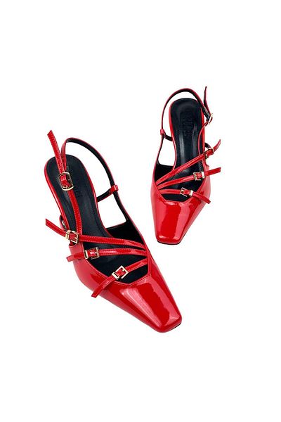 bescobel Women's Keyta Red Thin Heel 3 Buckle Casual Shoes 8cm 766