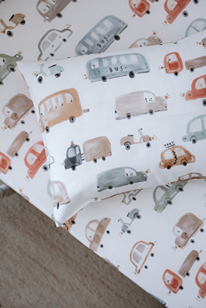 NOU Organic Single Fitted Sheet Set with Colorful Vehicle - Vehicle Attack