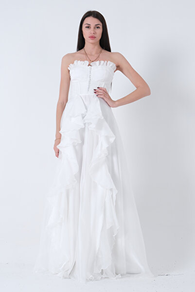 Feminist Straplez Yaka Yırtmaçlı Eteği Fırfırlı Abiye Beyaz 9705234