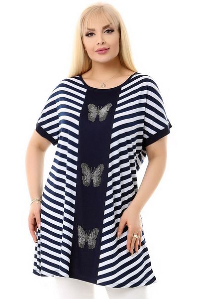 Kheos Short Sleeve Round Collar Bias Striped Blocked Comfortable and Flowy Stylish Tunic with Butterfly Stone Embroidery on the Front
