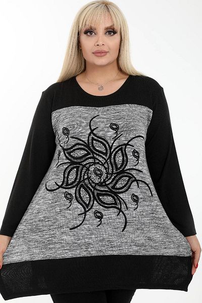 Kheos Round Neck Flower Motif Stone Embroidered Long Sleeve Casual Blouse