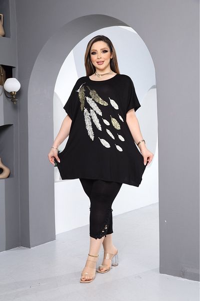 HÜLYA BUTİK WOMEN'S BLACK LEAF PATTERNED SLIT BLUZ