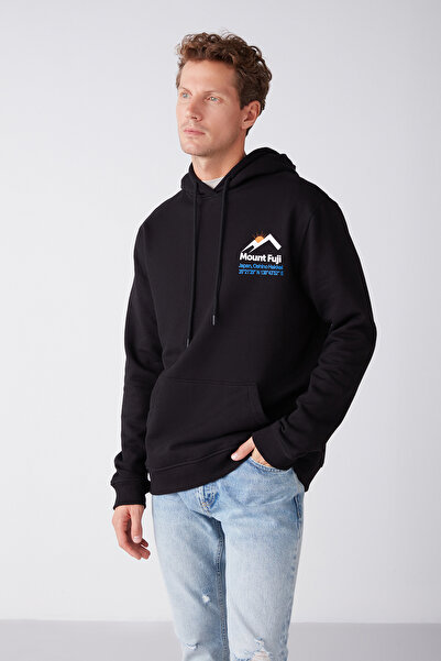 GRIMELANGE Ανδρικό μαλακό ύφασμα Carter με κουκούλα με στάμπα με κορδόνι σε κανονική εφαρμογή μαύρο φούτερ