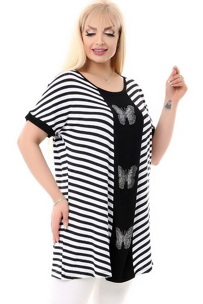 Kheos Short Sleeve Round Collar Bias Striped Blocked Comfortable and Flowy Stylish Tunic with Butterfly Stone Embroidery on the Front