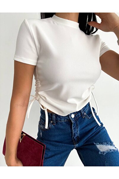 Tiyz Moda Dámské bílé tričko z osmanské tkaniny Side Gathered Crop