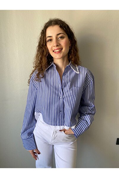 Niceboutique Mavi Çizgili Poplin Kısa Gömlek