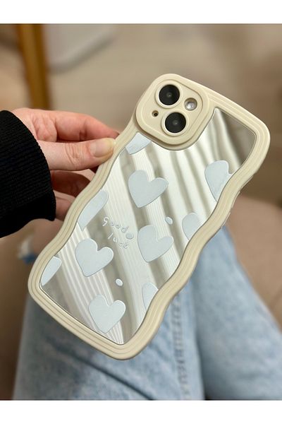 Go Aksesuar حافظة سيليكون بتصميم قلب أبيض مع مرآة متوافقة مع هاتف Iphone 14 Plus - 15 Plus