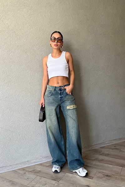 Seda Yalçın Atelier Blue High Waist Antique Ripped Detailed Straight Leg Jeans