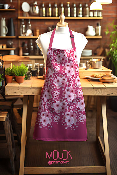 Moud's مريلة مطبخ منقوشة بالزهور الوردية من قماش الجلد المدبوغ، مريلة الطبخ، مريلة النادل، مريلة المطاعم