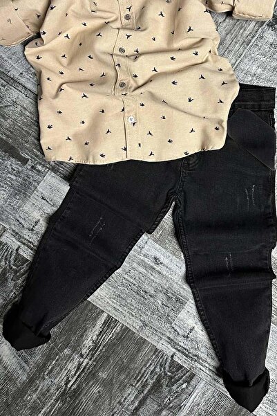 Riccotarz Boy's Jean Pants Bird Patterned Cream Shirt Top and Bottom Set