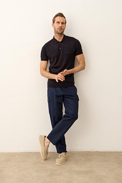 Danger Men's Line Patterned Slim-fit Molded Polo Collar Summer Knitwear T-shirt Dark Navy Blue