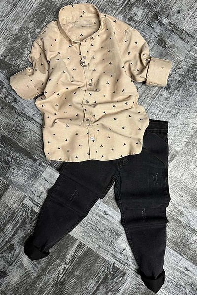 Riccotarz Boy's Jean Pants Bird Patterned Cream Shirt Top and Bottom Set