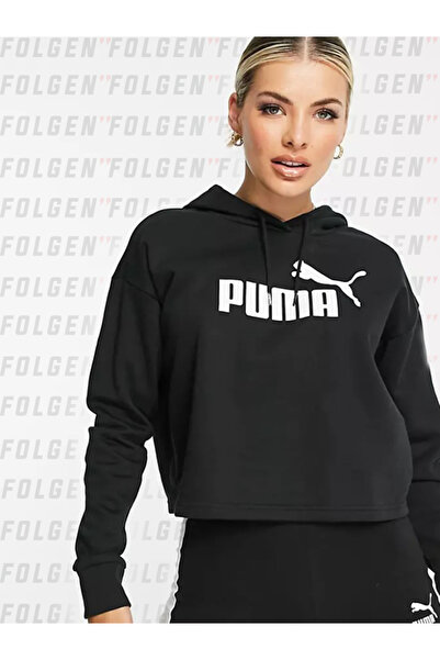 Puma Essentials Cropped Logo Hoodie σε μαύρο χρώμα Γυναικείο βαμβακερό ύφασμα Μαύρο φούτερ