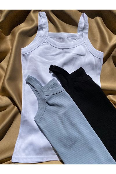 LEYNA BUTİK Women's Cotton Corded Rope Strap Oval Collar 3 Pieces Black, White, Blue Basic Tank Top