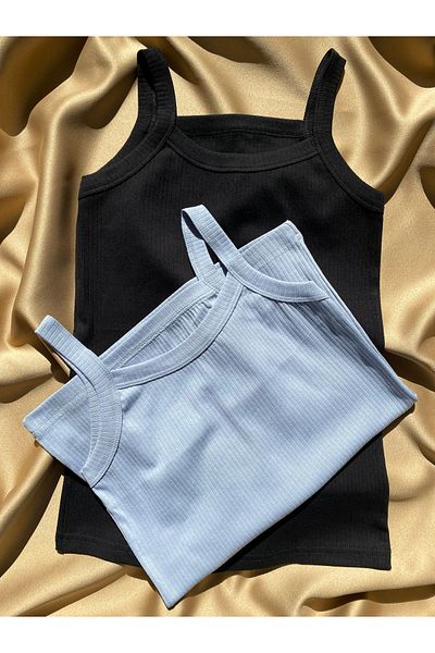 LEYNA BUTİK Women's Cotton Corded Rope Strap Oval Collar 2 Pieces Blue-Black Basic Tank Top