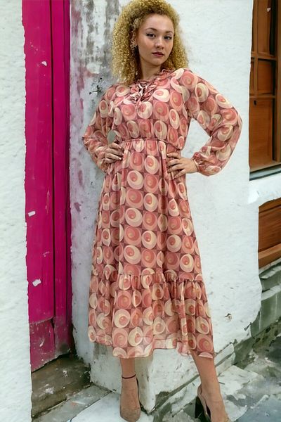 yagmurberen ROCHIE ȘIFONĂ CU CUREA CU BALEI, CU MODEL GEOMETRIC