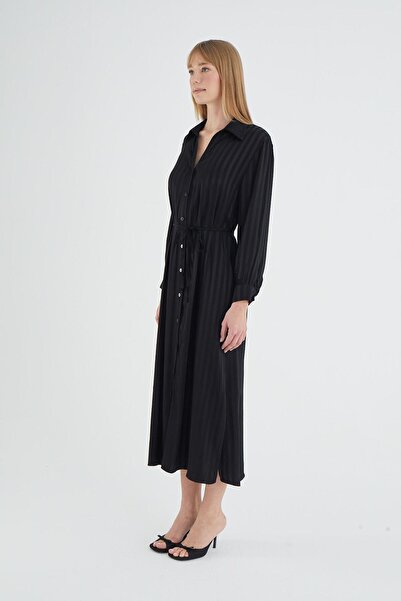 GİZZEY Women's Long Sleeve Front Button Black Dress C6T0N2O12