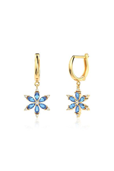 İNDİGO TAKI Aqua Taşlı Lotus Çiçeği Altın Kaplama Gümüş Küpe