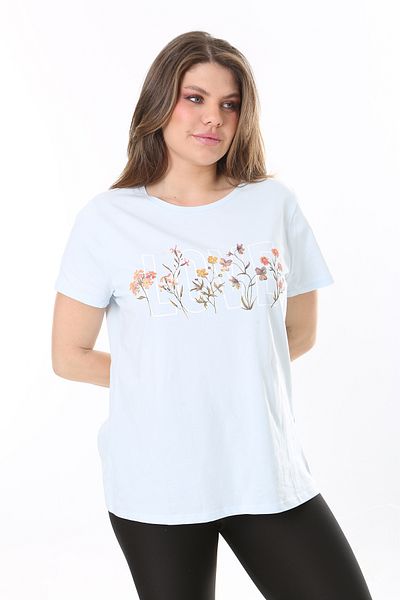 Şans Plus Size Baby Blue Cotton Fabric Front Printed Short Sleeve Blouse 65N37807