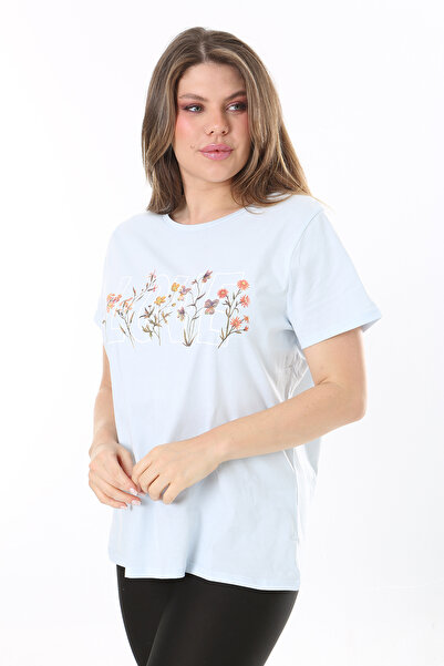 Şans Bluză cu mânecă scurtă, cu imprimeu în față, din țesătură de bumbac, de mărime mare, albastru bebeluș 65N37807