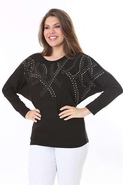 Şans Women's Plus Size Black Stone Detailed Bat Sleeve Blouse 65N37804