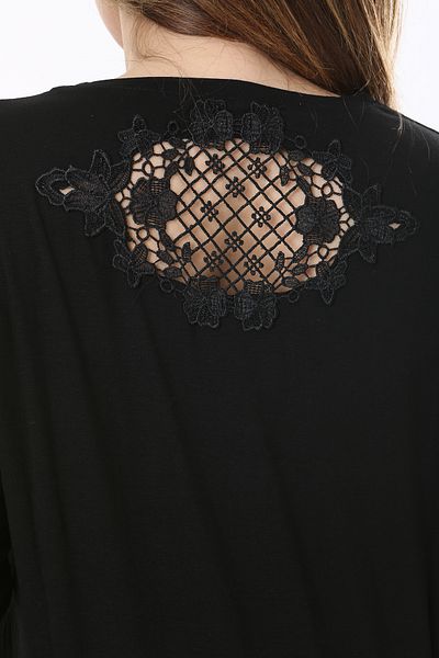 Şans Women's Large Size Black Long Sleeve Blouse with Stone Front and Lace Detail on the Back 65N37803
