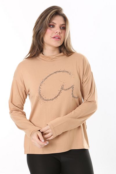 Şans Women's Plus Size Beige Zero Collar Stone Detailed Long Sleeve Blouse 65N37798