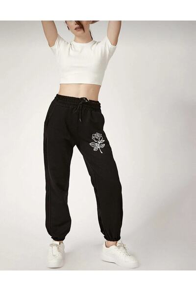 LAND MODA Γυναικείο Φούτερ Jogger με στάμπα τριαντάφυλλο - Ελαστική μέση