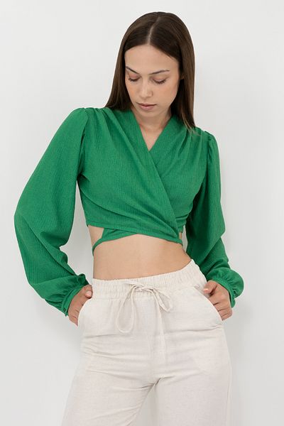 Soyo Women's Green Waist Tied Balloon Sleeve Crop Blouse