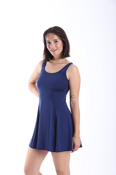 My-o Women's Plain Dress Swimsuit with Shorts Navy Blue 38-52