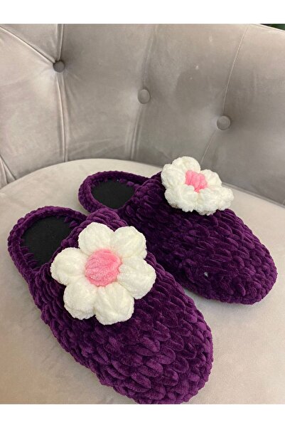 Pembe Portakal Örgü Kadife Ev Terliği