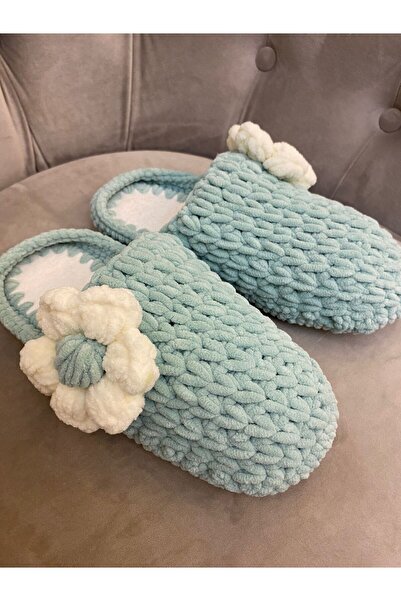 Pembe Portakal Örgü Kadife Ev Terliği