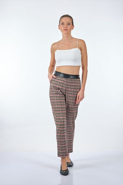 Ysatis Houndstooth Narrow Leg High Waist Beige-fuchsia Women's Trousers22232000115