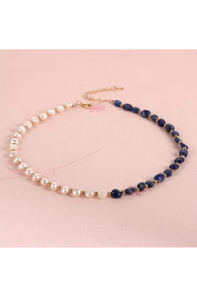 NBS Beautiful Naturel Stones İnci , Lapis Gerçek Doğal Kesim Tasarım Kolye 42...