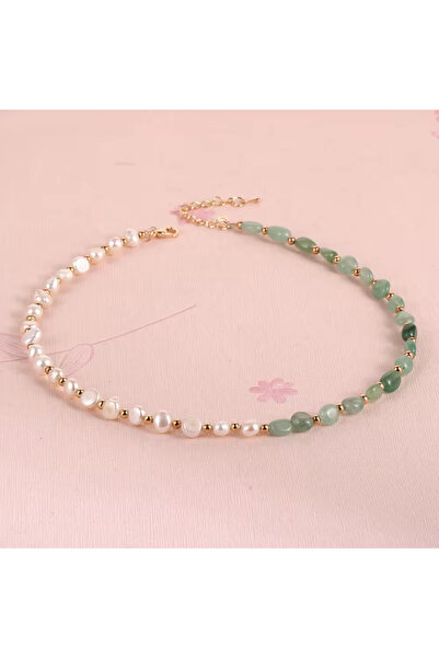 NBS Beautiful Naturel Stones İnci , Aventurin Gerçek Doğal Kesim Tasarım Koly...
