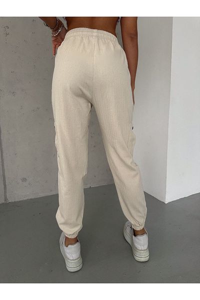 AB LOOKS Women's Cream Ecru High Waist Cargo Pocket Leg Elastic Waist Drawstring Relaxed Cut Jogger Linen Trousers