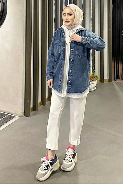 ALAÇI İTHALAT Dark Blue Tasseled Oversize Denim Jacket - Variegated Import, Snow Wash Detailed