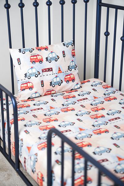 Pithy Organic Cotton Satin Fitted Sheet Set (90X190+20) Pillow Case (50X70) - Emergency Cars