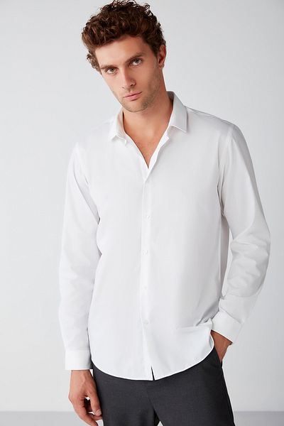 GRIMELANGE Oynx Men's Regular Fit 100% Cotton Woven White Shirt