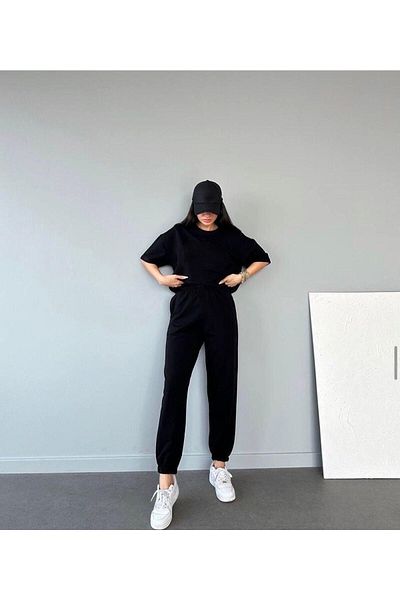 LAND MODA Γυναικεία μονόχρωμη χτενισμένη βαμβακερή κοντομάνικη φόρμα