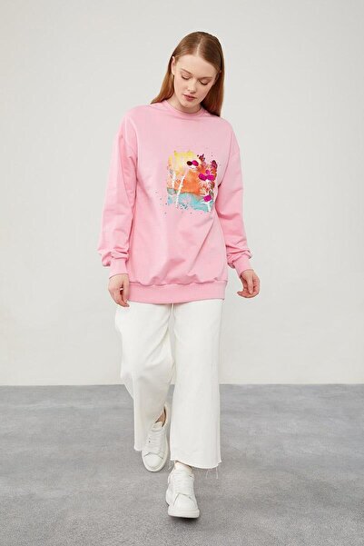 Levidor Şeker Pembe Pul İşlemeli Baskılı Sweatshirt